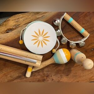 Wooden Musical Instrument Set with Orange and White Accents EUC